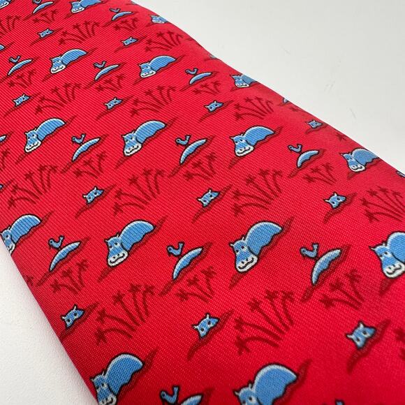 HERMES-PARIS 100% Silk Mens Tie Hippo w Perching Bird - Picture 1 of 5